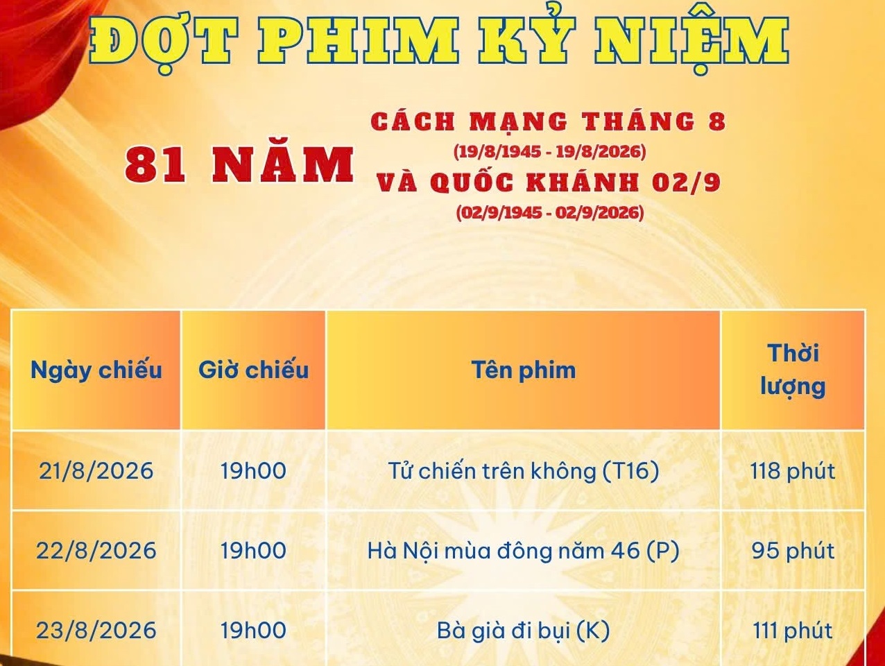 Chiếu phim miễn phí tại Rạp Lê Độ dịp Cách mạng Tháng Tám và Quốc khánh 2-9